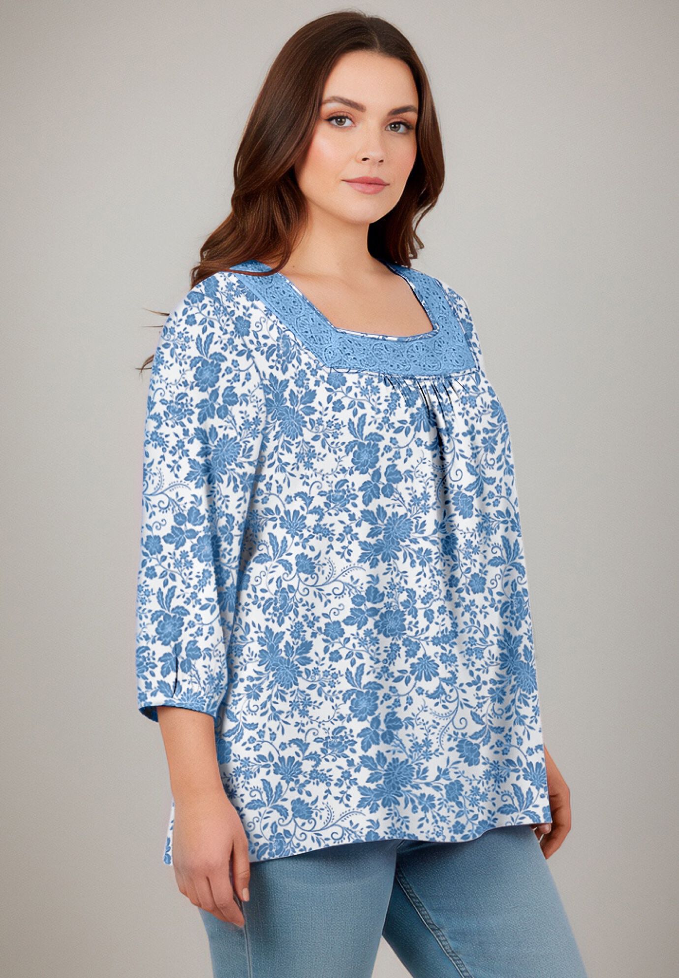 Lace Neckline Peasant Blouse, DUSTY INDIGO TOILE, alternate image number 2