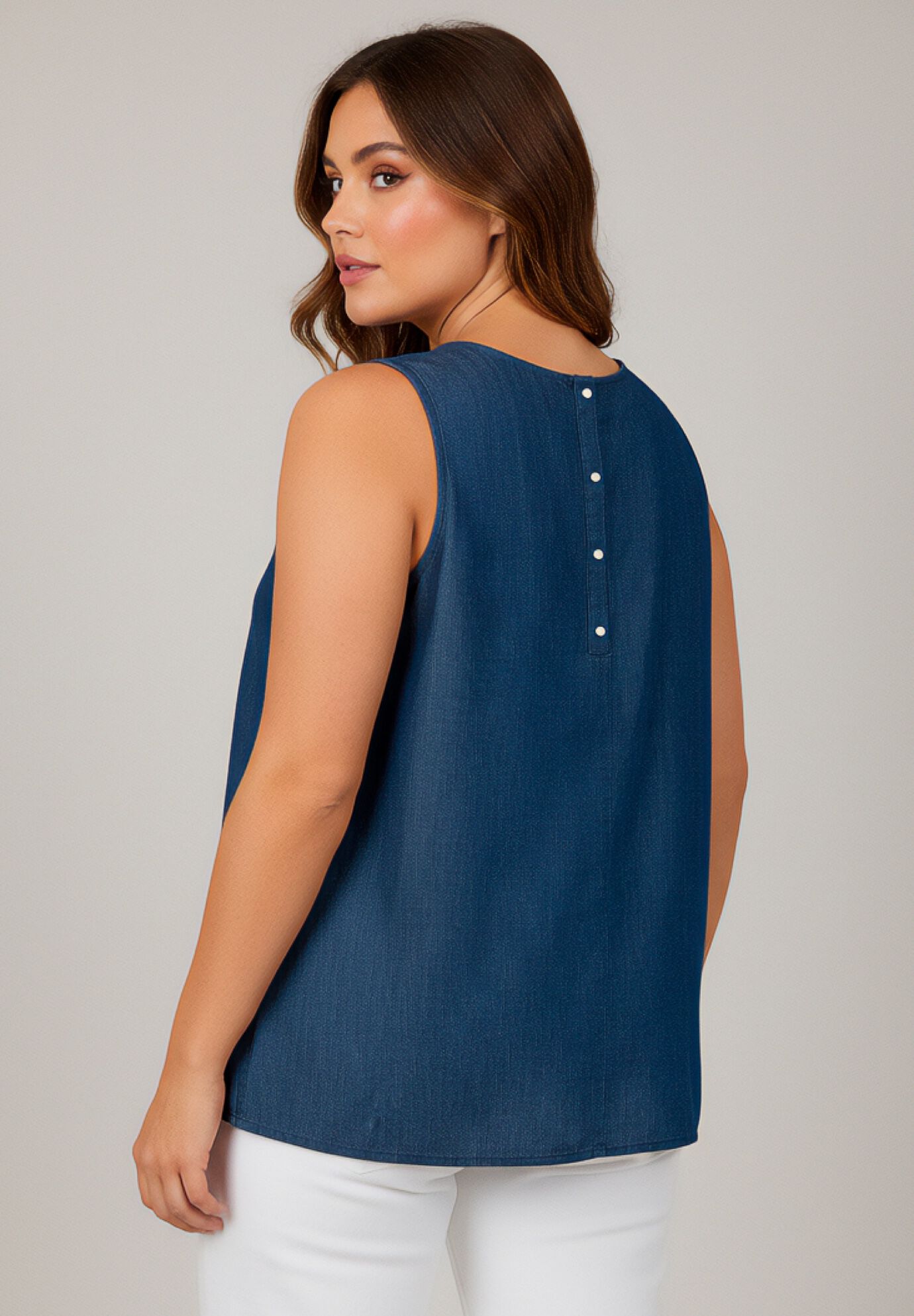 Chambray Sleeveless Tank, DARK WASH, on-hover image number 1