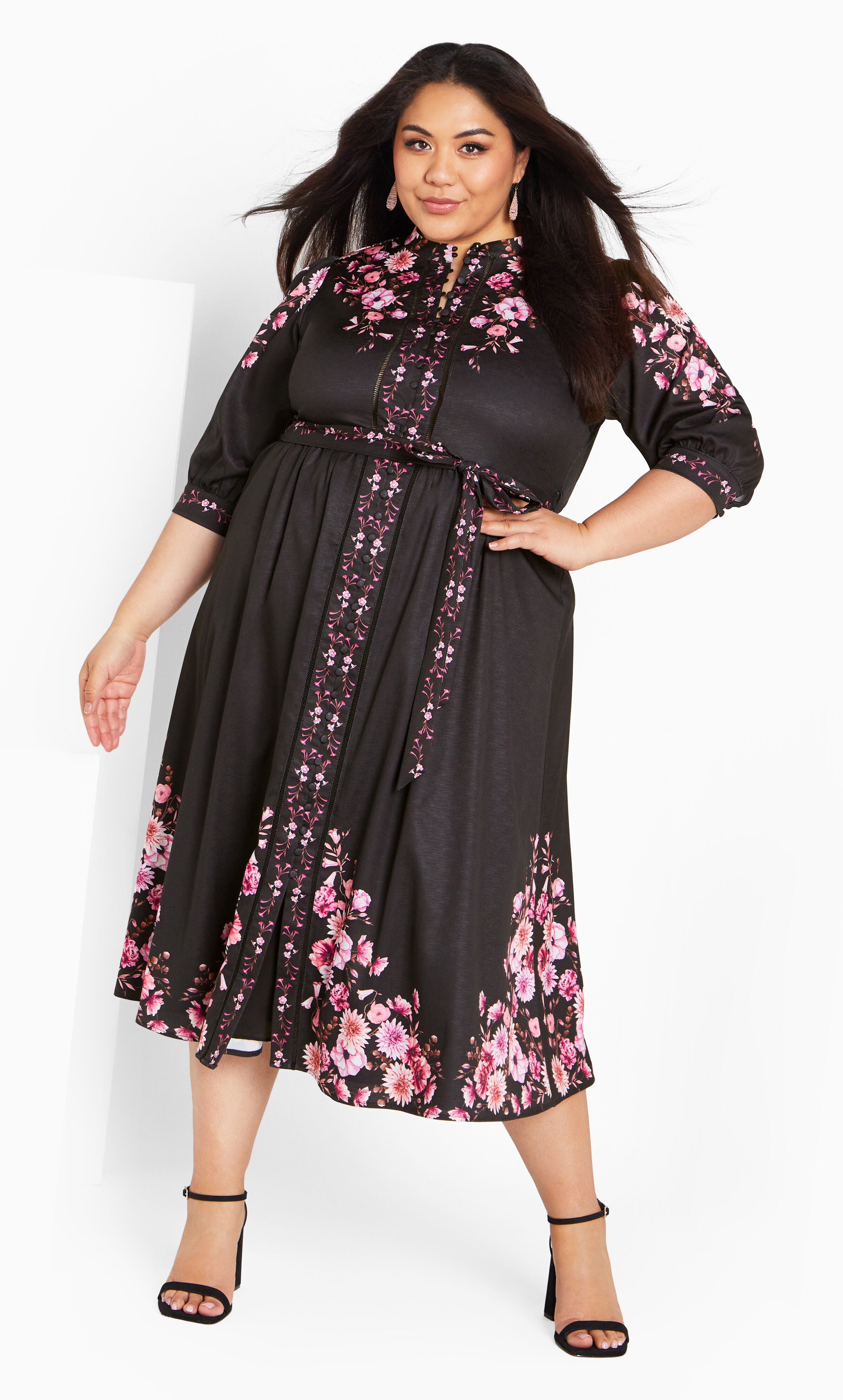 Annabelle Button Closure Midi Dress - black, BLACK, hi-res image number 0
