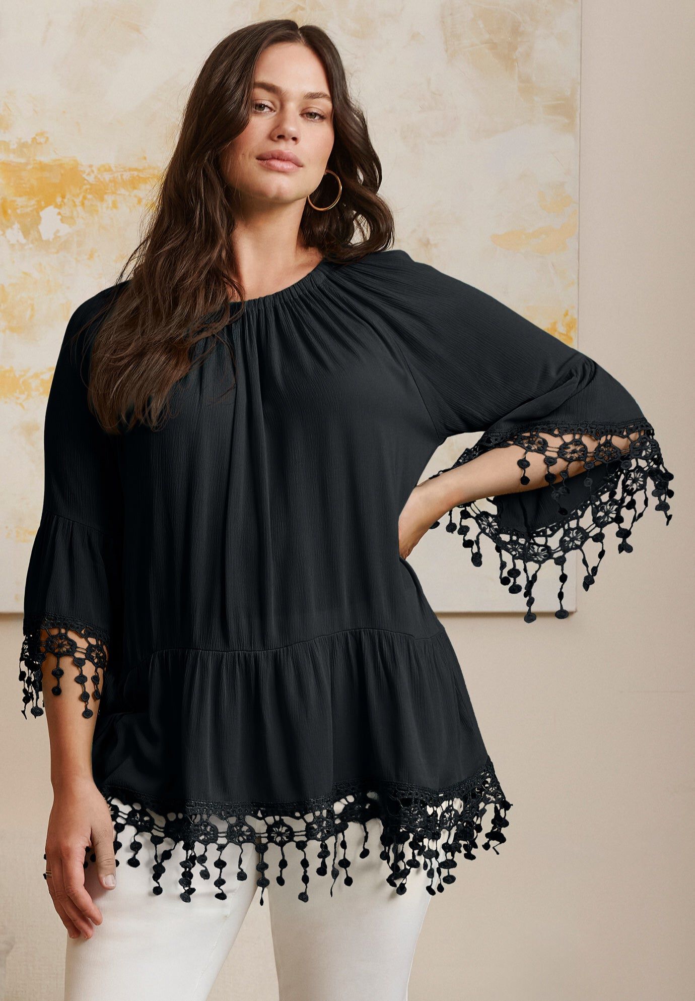  Crochet Fringe Trim Tunic, BLACK, hi-res image number 0