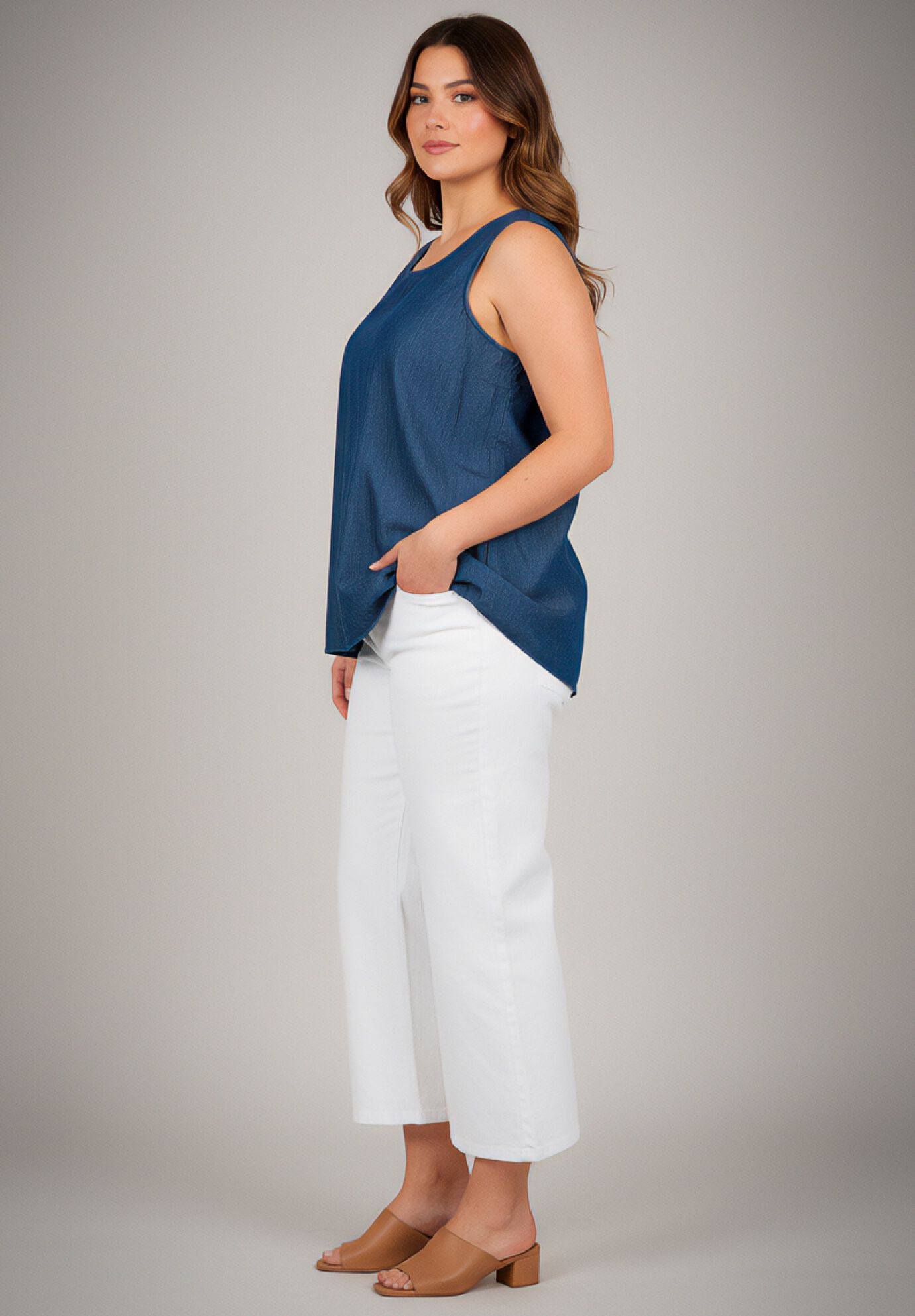 Chambray Sleeveless Tank, DARK WASH, alternate image number 3