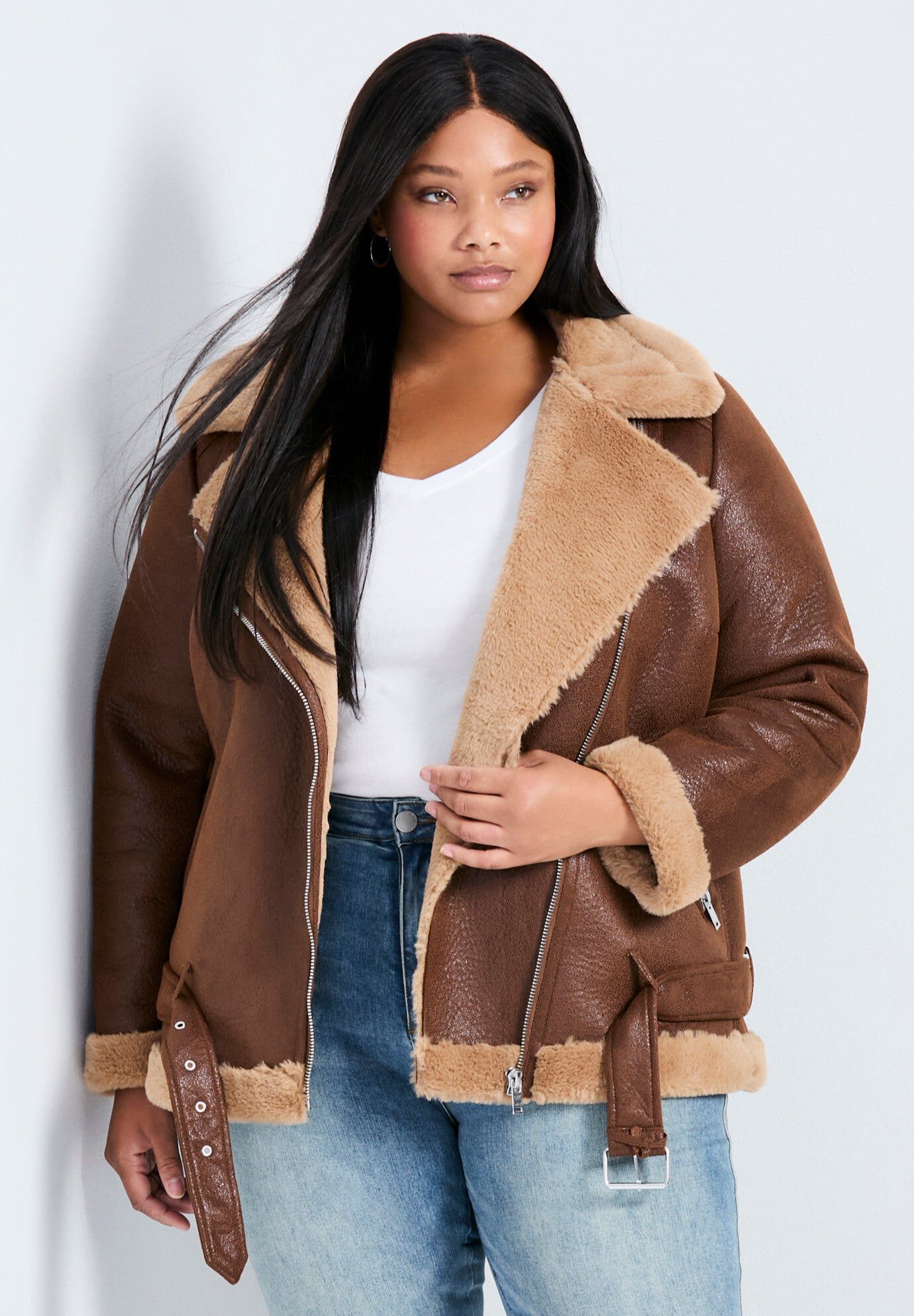 Belted Biker Jacket, BROWN, hi-res image number 0