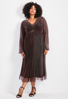 Pleated Plisse Blouson Sleeve Dress