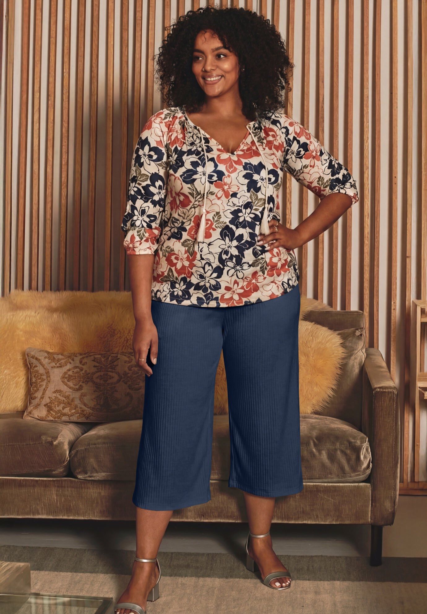 Knit Gauze Smocked Wide-Leg Crop, NAVY, hi-res image number 0