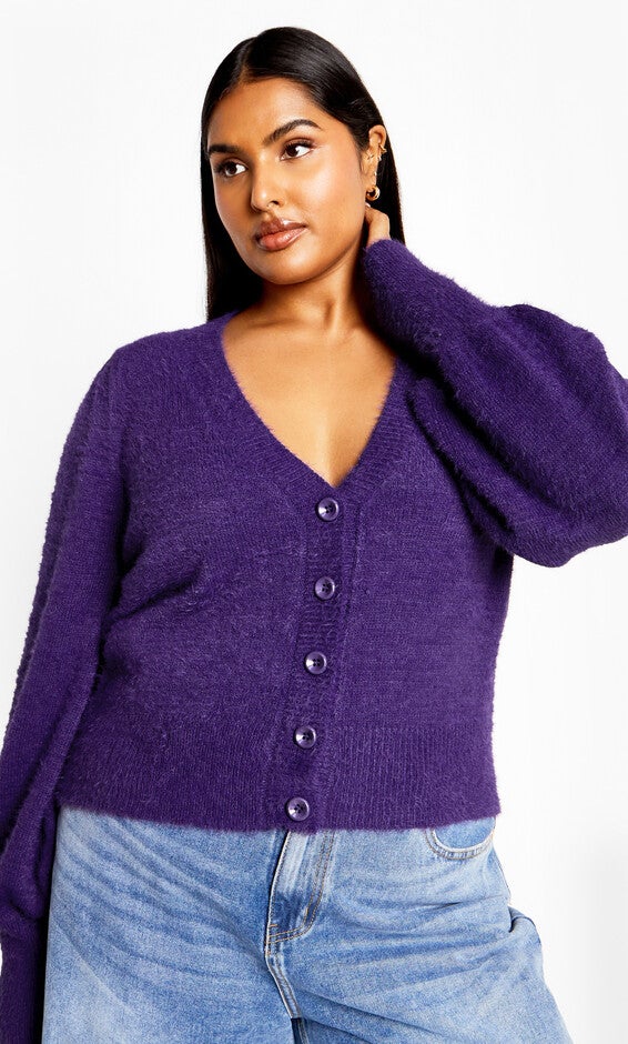 Fluffy Button Cardigan - royal purple, PURPLE, hi-res image number null