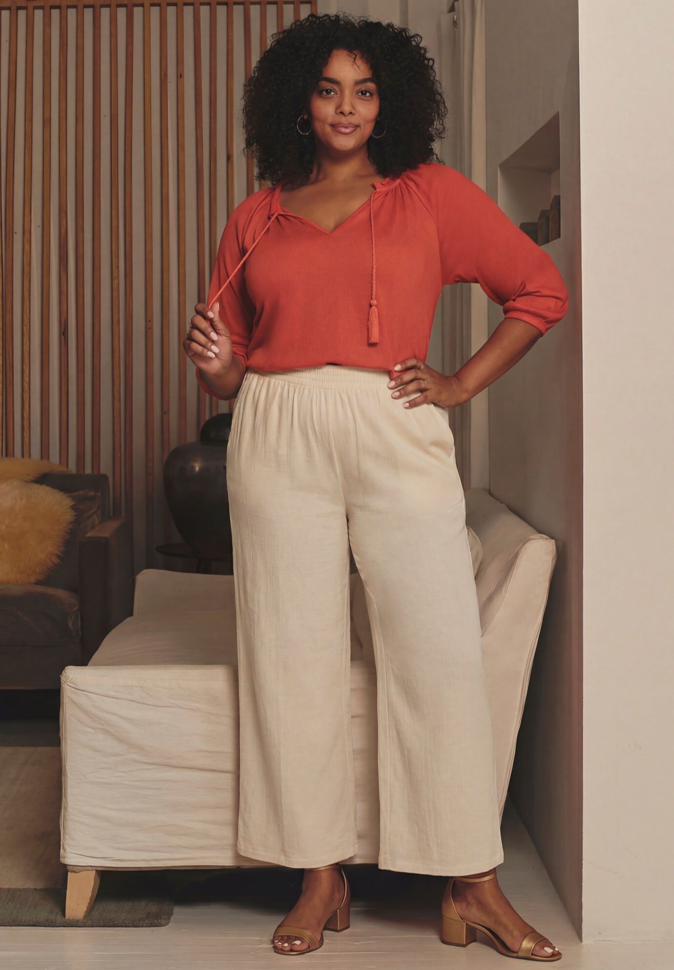 Knit Gauze Smocked Wide-Leg Pants, IVORY, hi-res image number 0