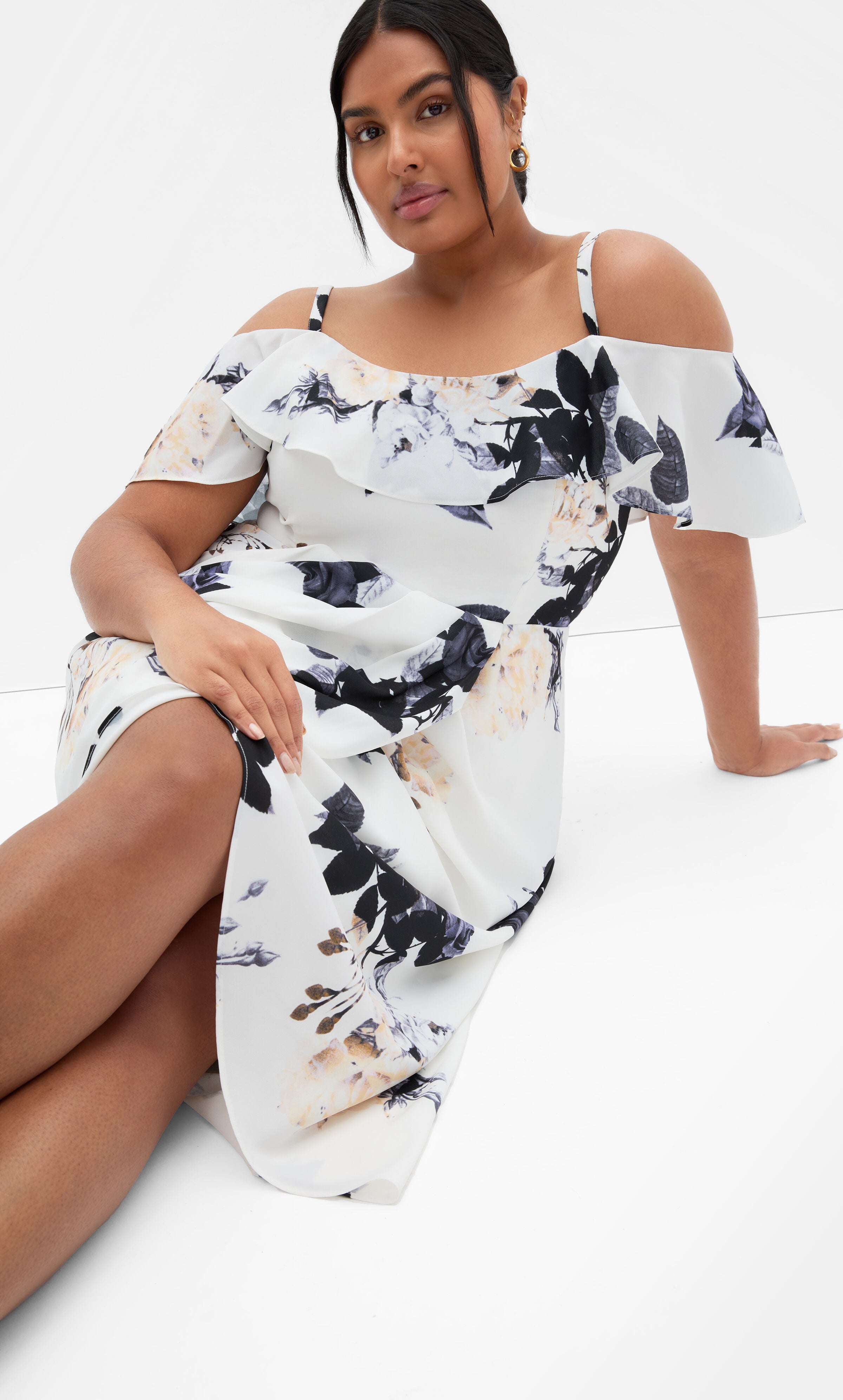 Floral Drape Midi Dress - cream, WHITE, alternate image number 2