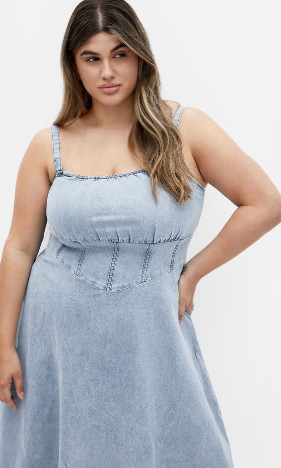 Denim Corset Dress - light denim, BLUE, alternate image number 3
