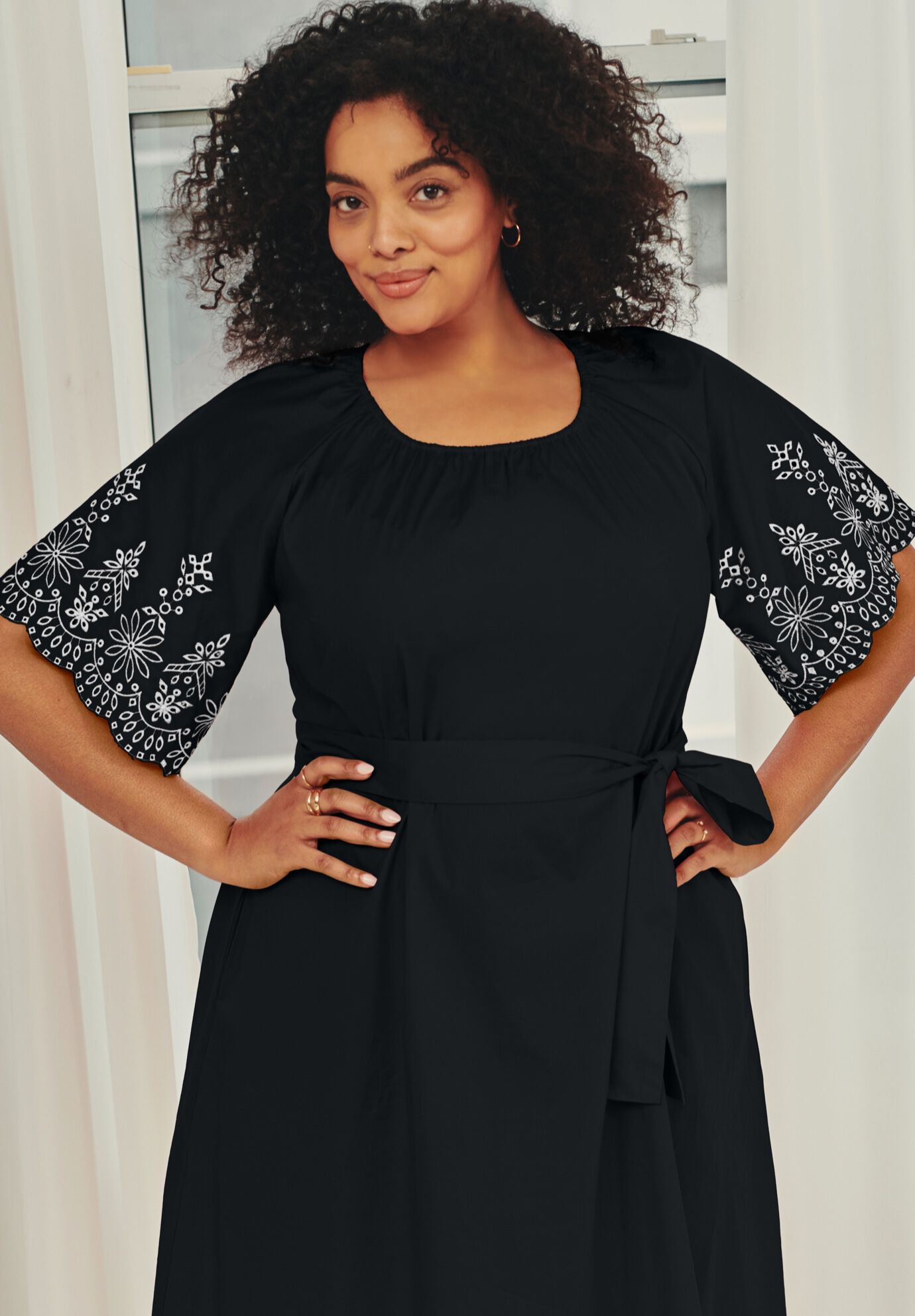 Eyelet Embroidered Midi Dress, BLACK SCALLOP EYELET, alternate image number 2