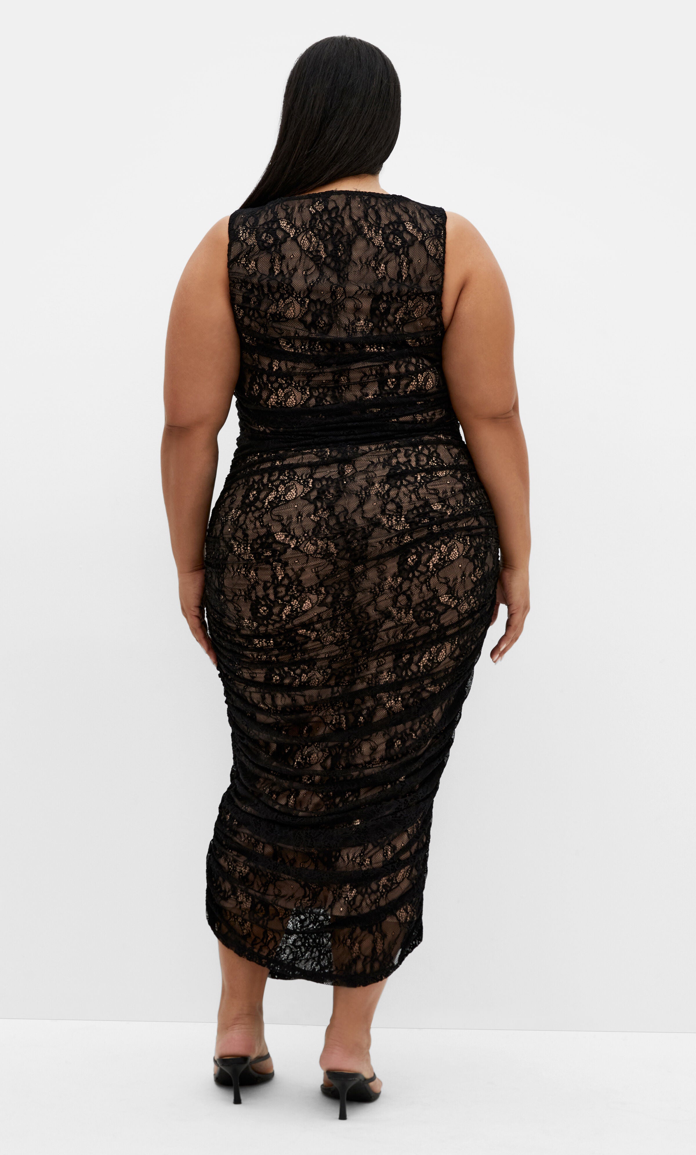 Halo Ruched Lace Midi Dress - black, BLACK, alternate image number 1