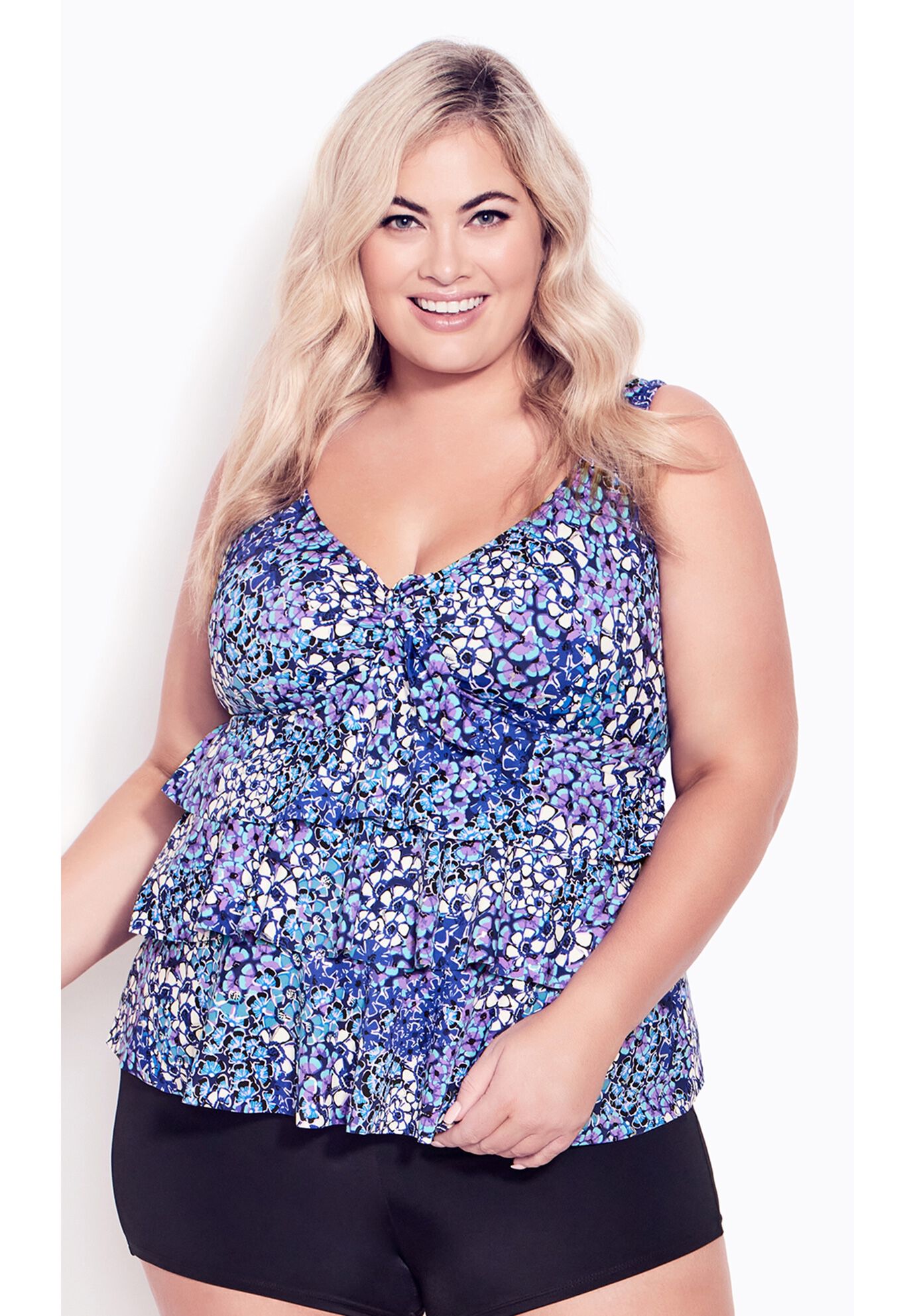 Ruffled Print Tankini Top | Dia & Co