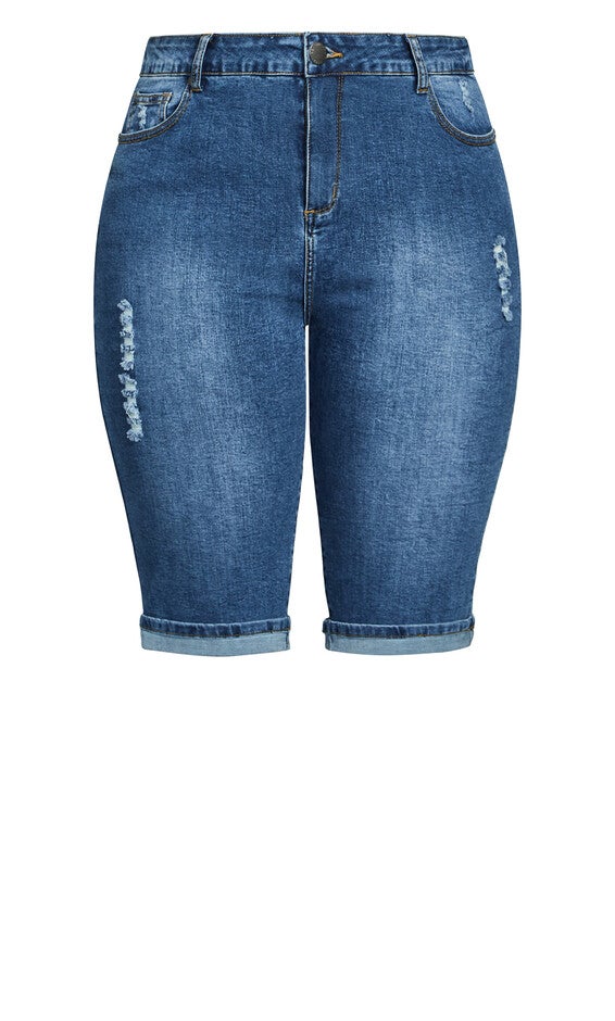 Turn Up Distressed Detail Knee Length Short - mid denim, BLUE, alternate image number 5