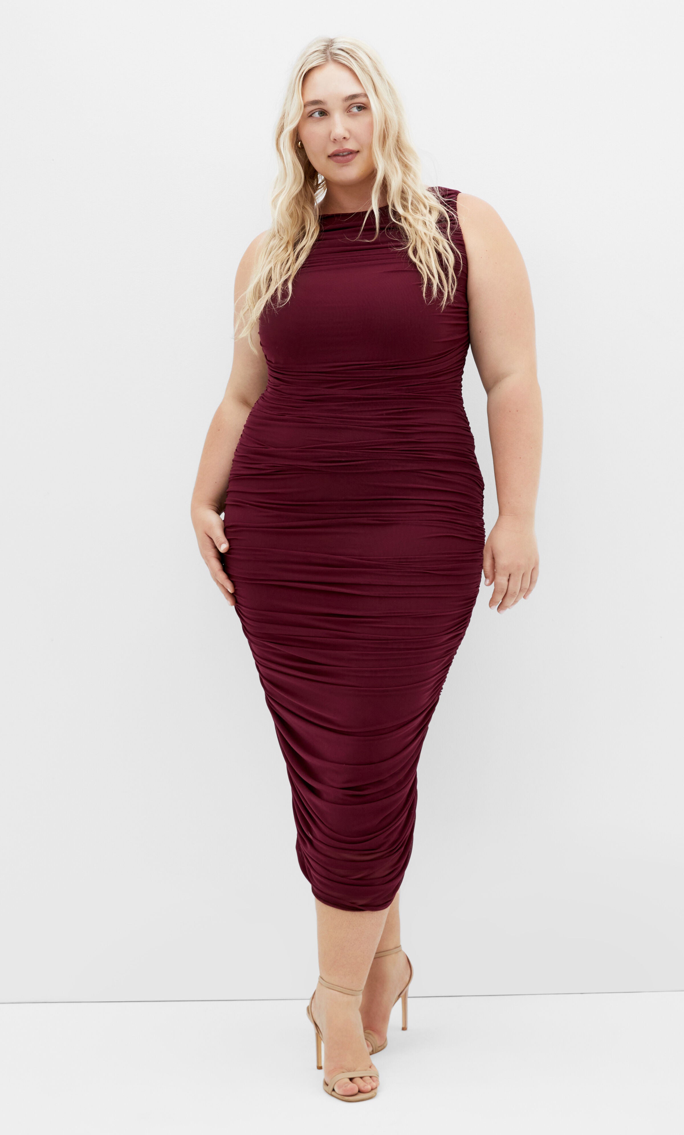 Halo Ruched Midi Dress - dark cherry, RED, hi-res image number 0
