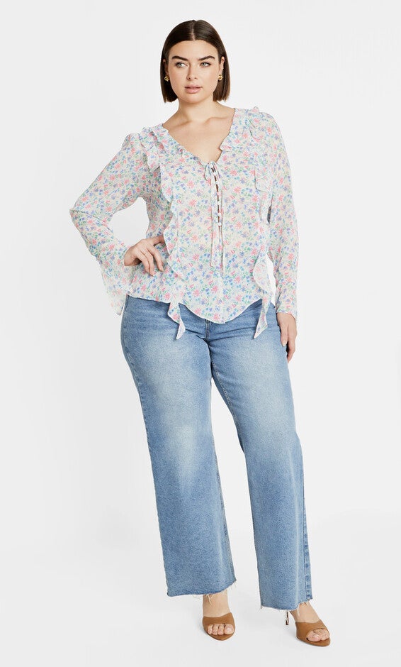 Lidia Ruffle Print Top - cream, PURPLE, alternate image number null