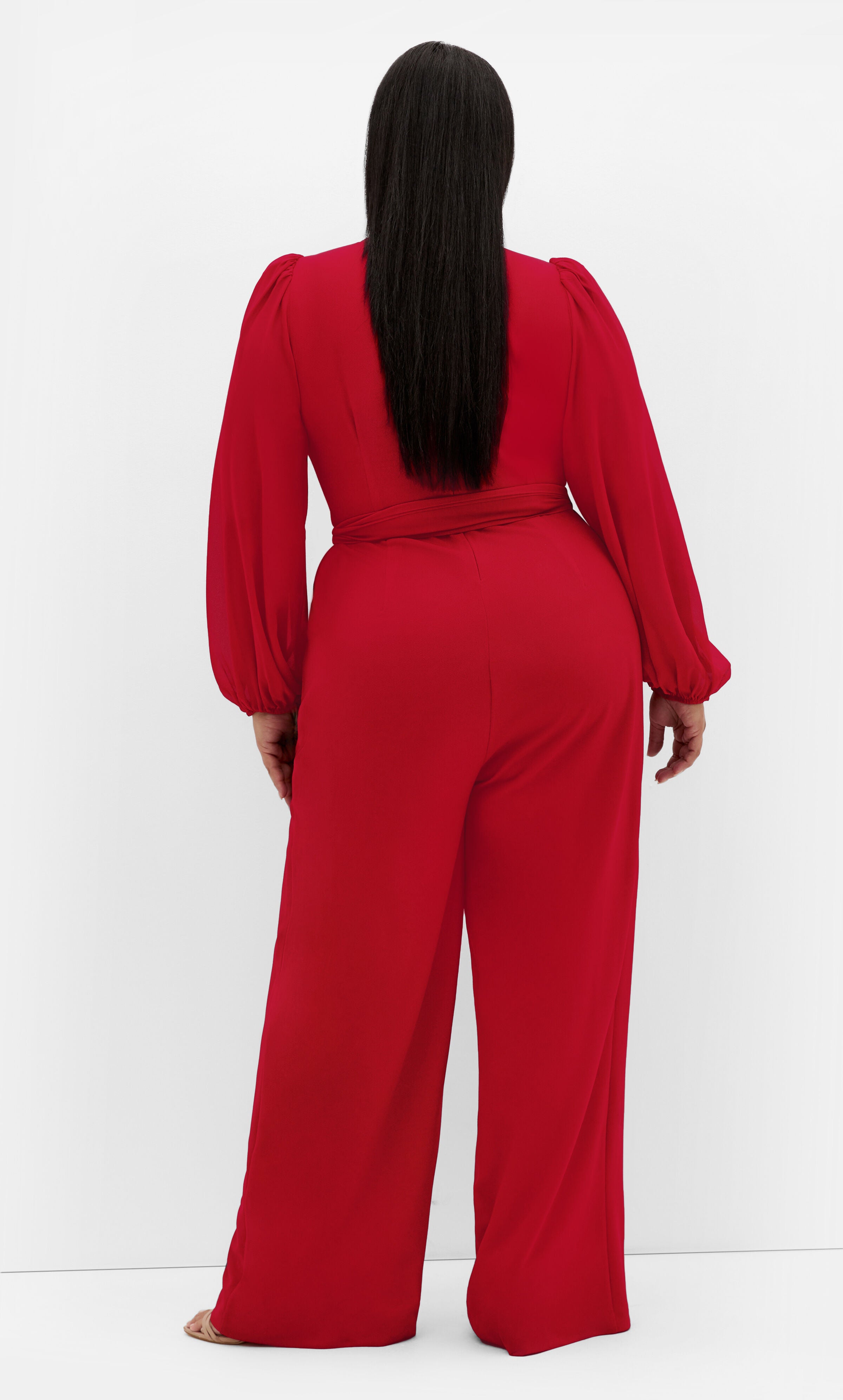 Sheer Sleeve Wide Leg Jumpsuit  - cherry, RED, alternate image number 1