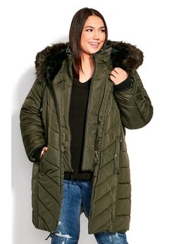 Chevron Faux Fur Hood Long Puffer Coat