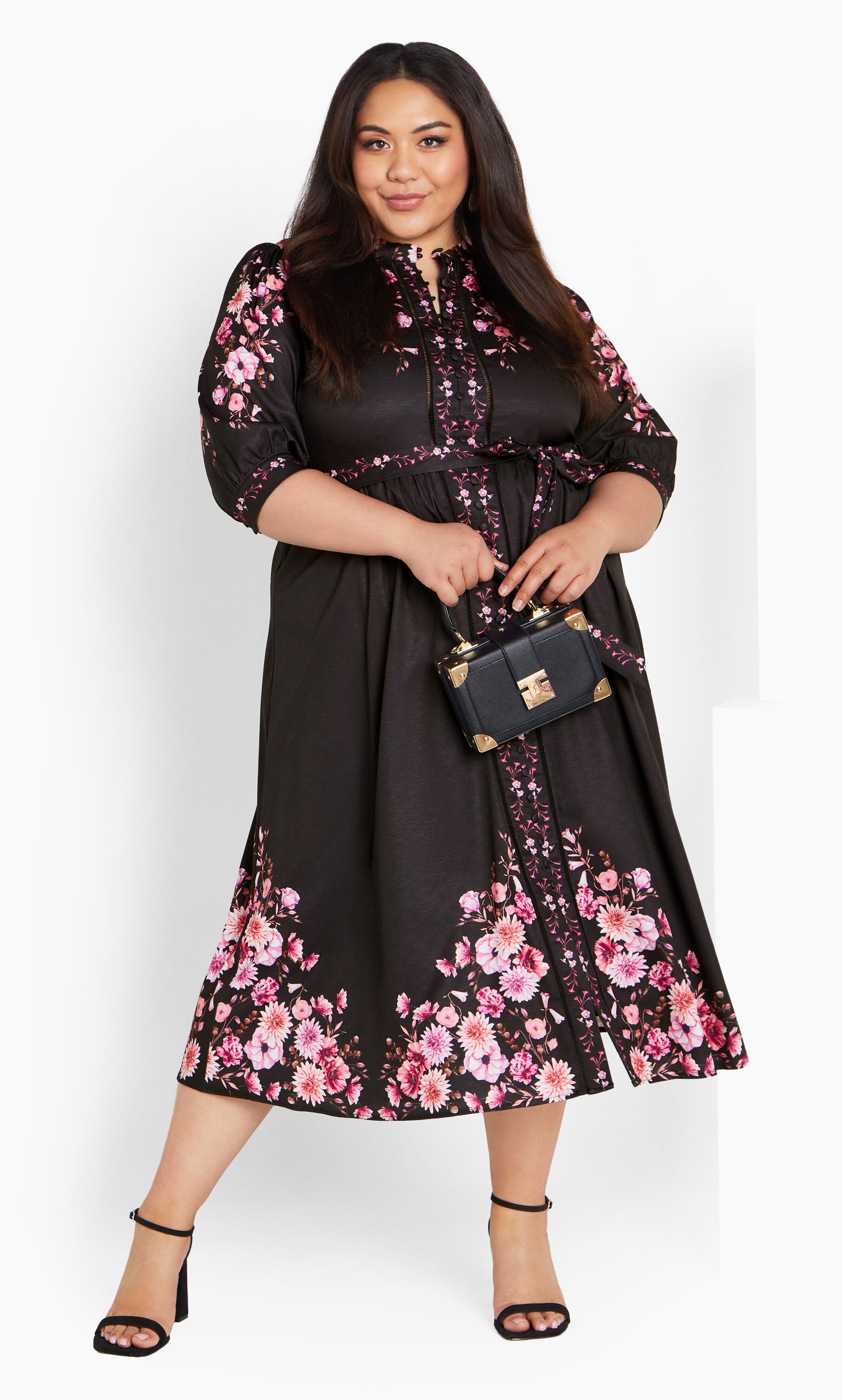 Annabelle Button Closure Midi Dress - black, BLACK, alternate image number 1