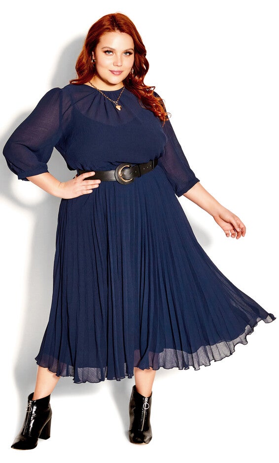 Love Pleat Elbow Sleeve Dress - navy, BLUE, alternate image number null