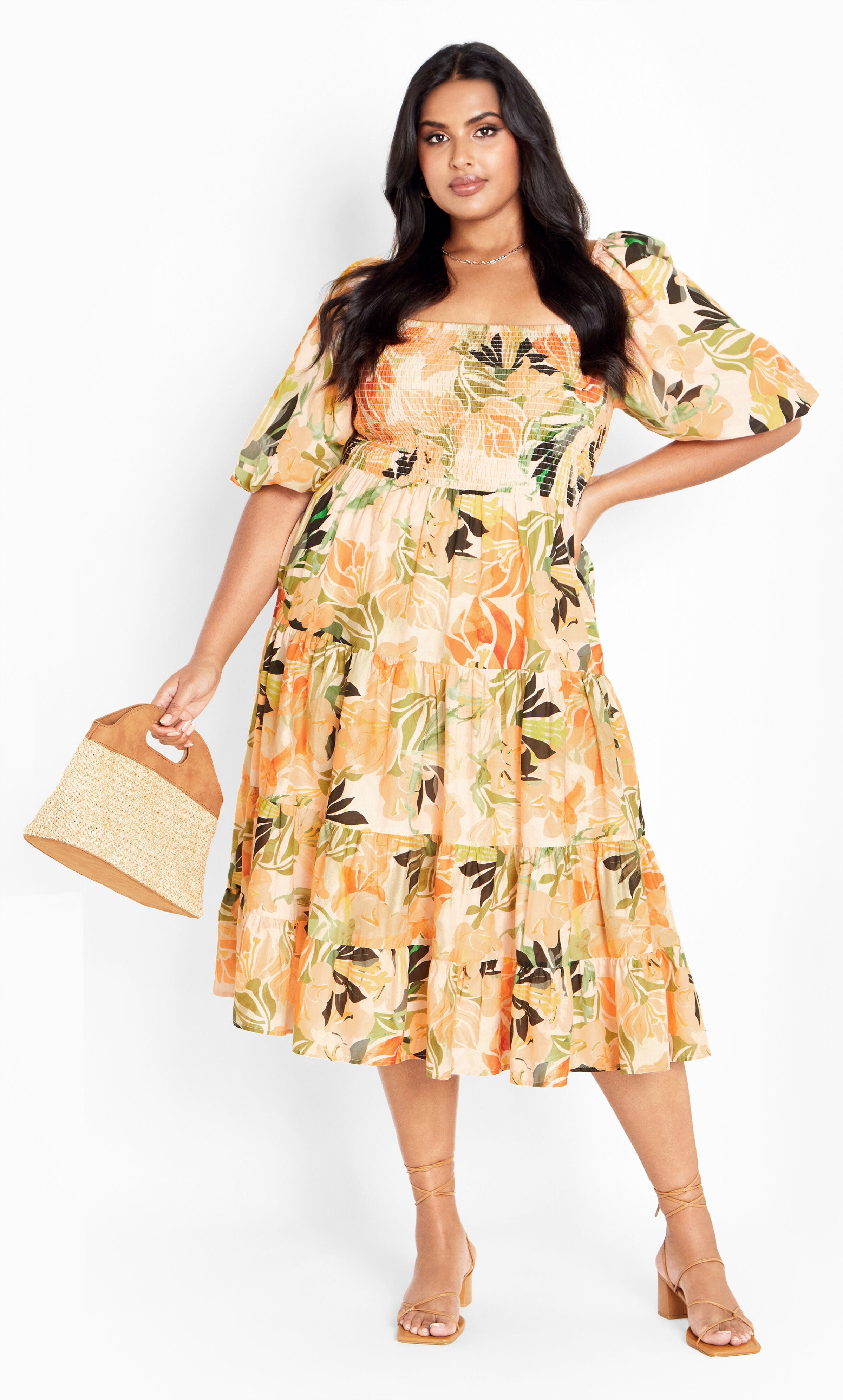 Ariella Puff Sleeves Tier Print Dress - miami, ORANGE, hi-res image number 0