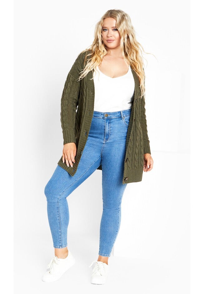 Cara Cable Knit V Neck Cardigan, OLIVE, on-hover image number null