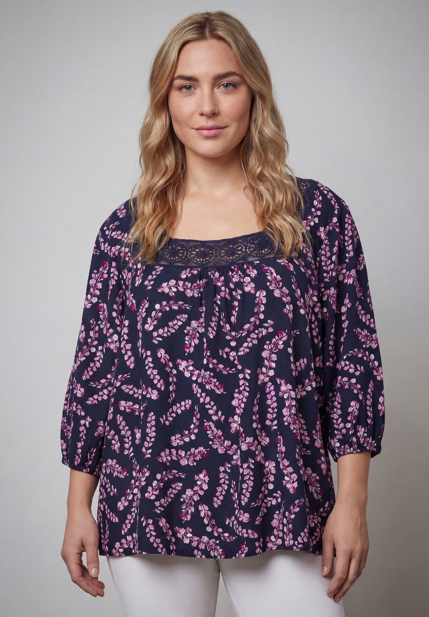 Lace Neckline Peasant Blouse, PURPLE FALLING LAVENDER, hi-res image number 0