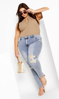 Asha Jojo Distressed Detail Crop Jean - mid denim