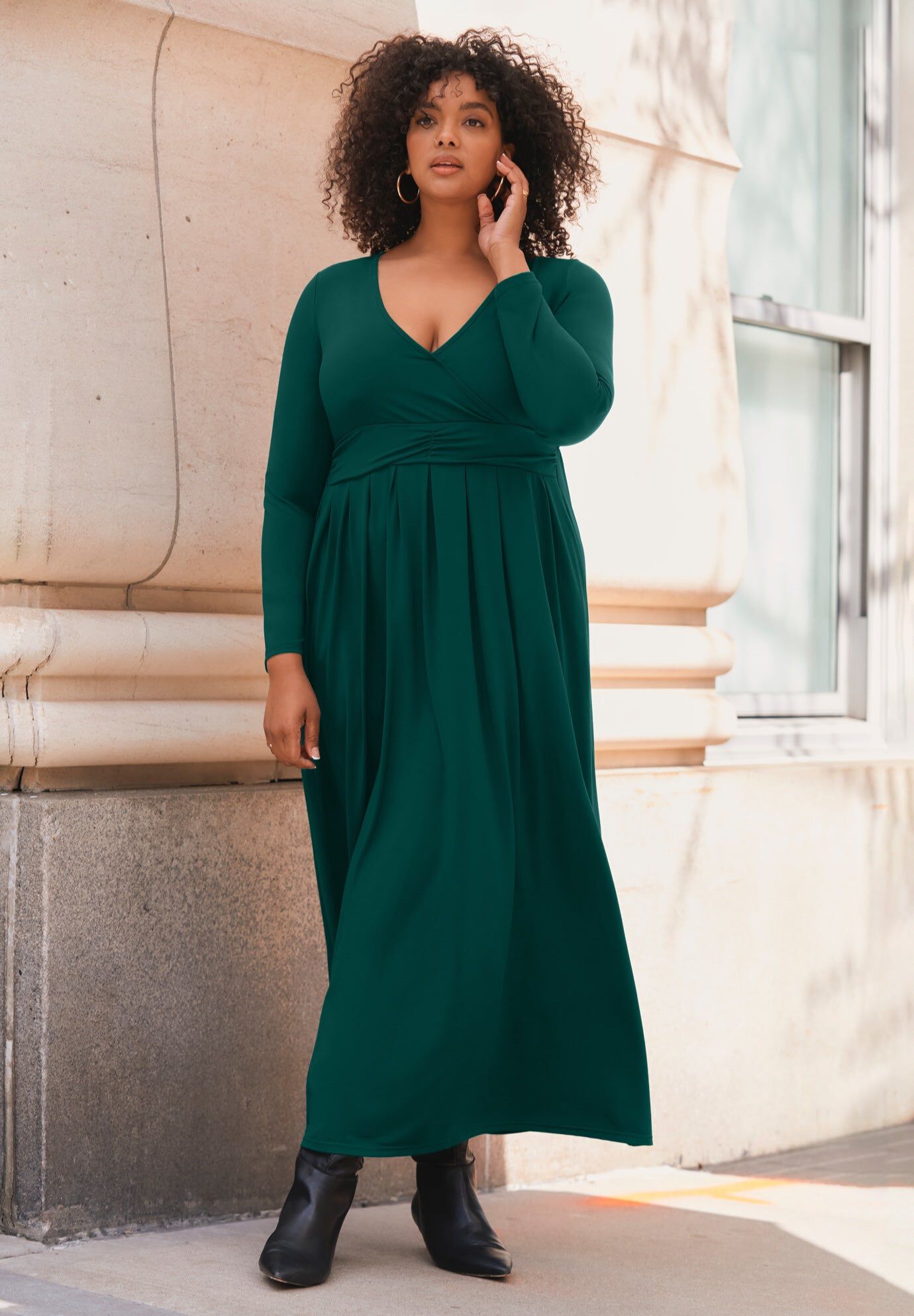 Faux Wrap Flare Maxi Dress, EMERALD GREEN, hi-res image number 0
