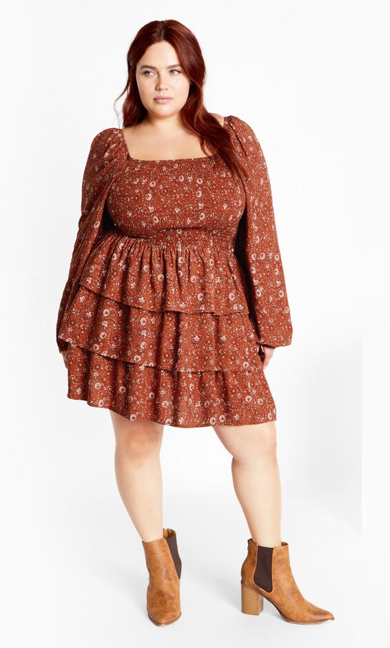 Dahlia Mini Print Dress - spice, ORANGE, hi-res image number 0