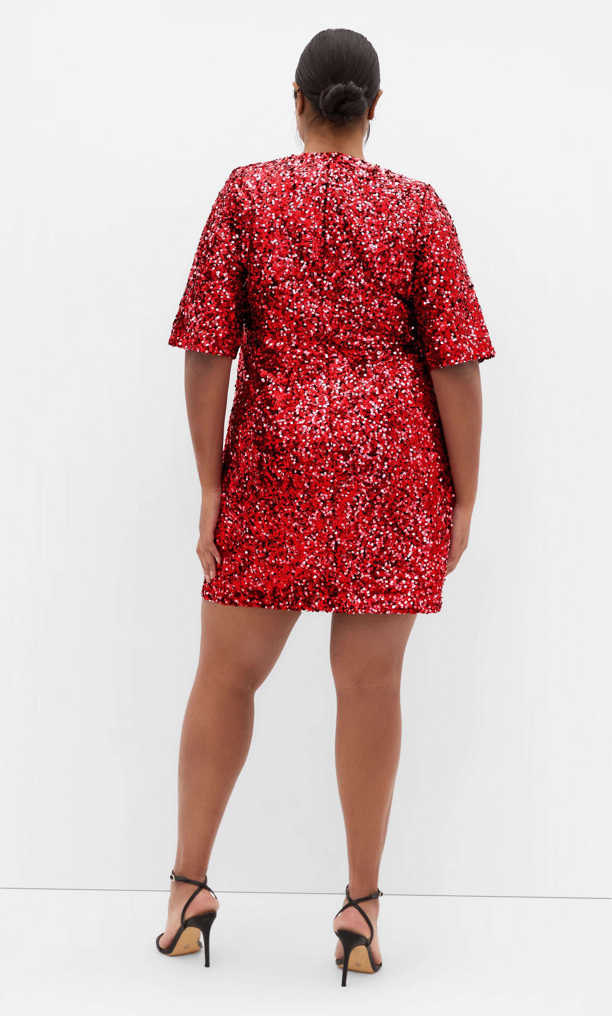 Sequin V Neck Glam Dress - crimson, RED, alternate image number 3