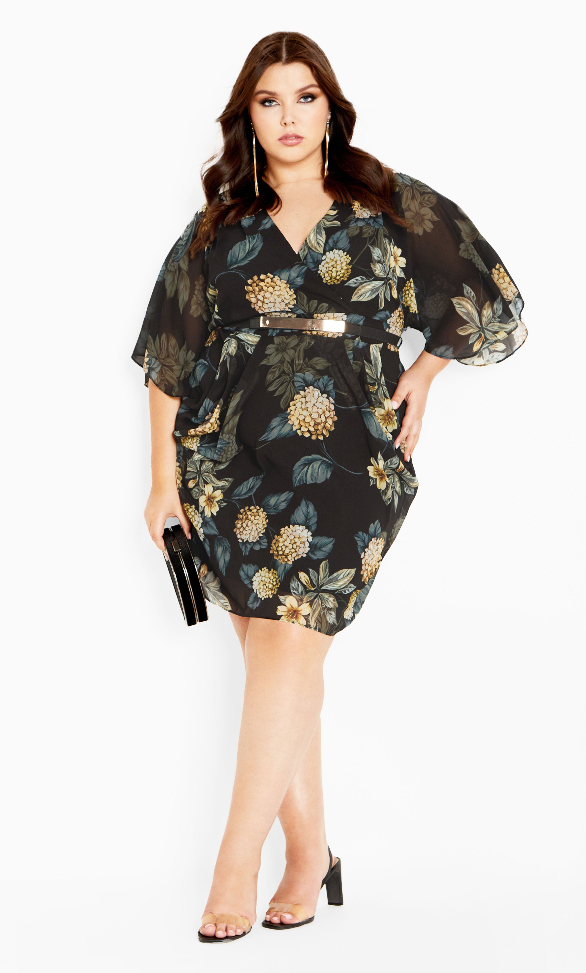 Wrap Golden Floral Dress - black, YELLOW, hi-res image number 0
