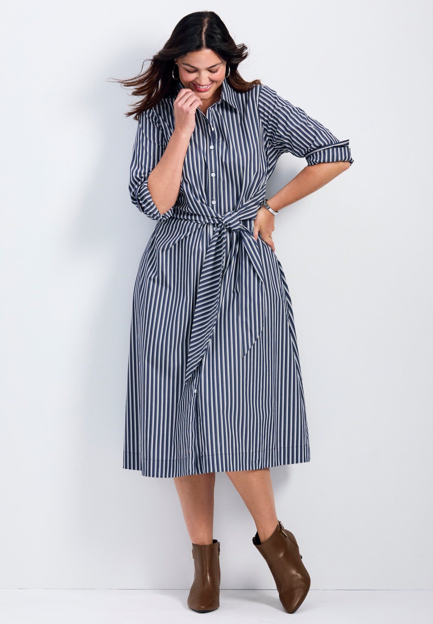 Bethany Poplin Tie Front Shirtdress, NAVY STRIPE, hi-res image number 0