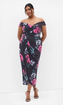 Claire Print Off Shoulder Dress - black