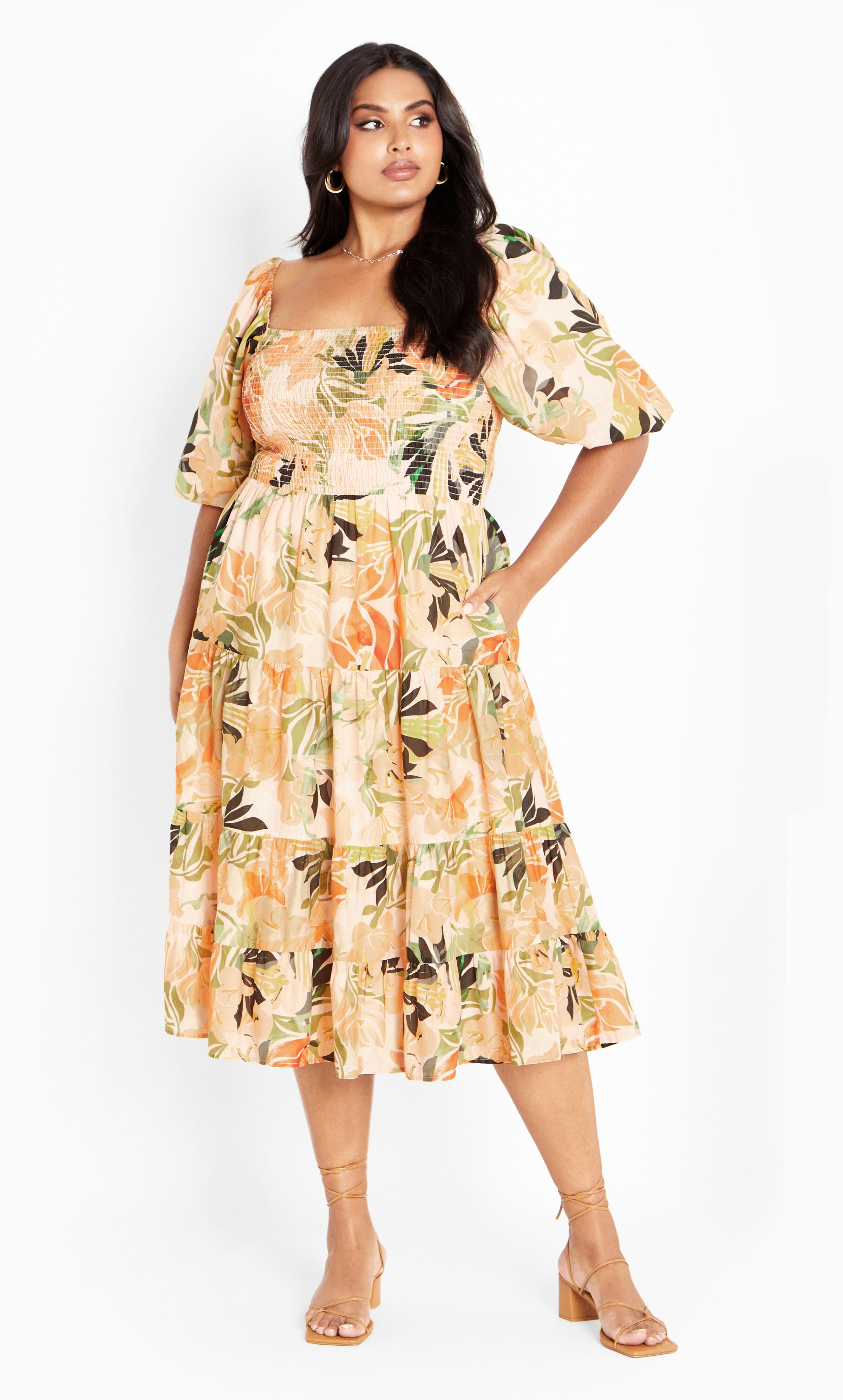 Ariella Puff Sleeves Tier Print Dress - miami, ORANGE, alternate image number 1