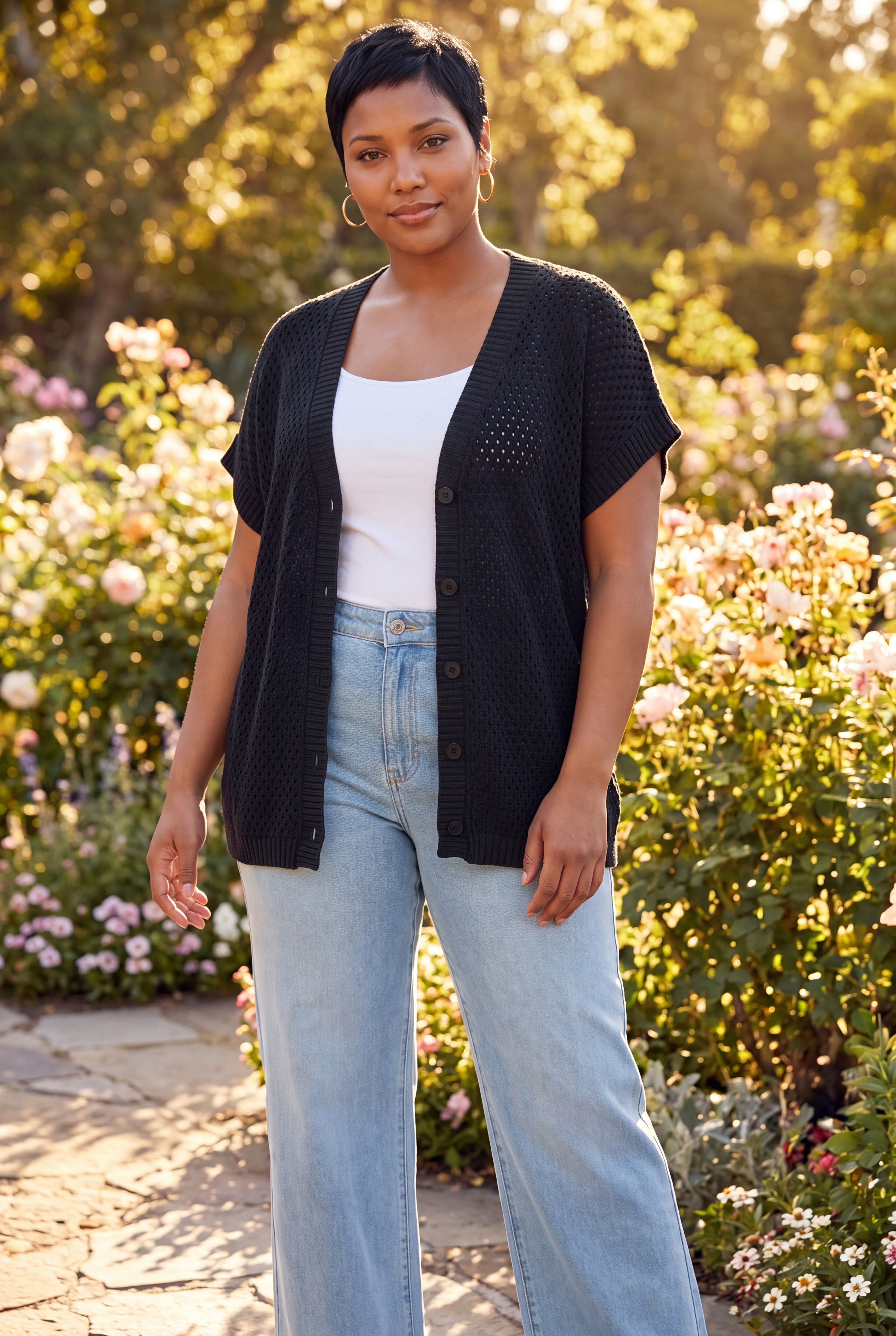 Short Sleeve Button Front Cardigan, BLACK, hi-res image number 0