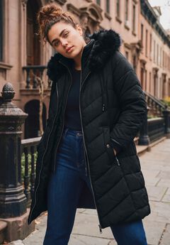 Chevron Faux Fur Hood Long Puffer Coat