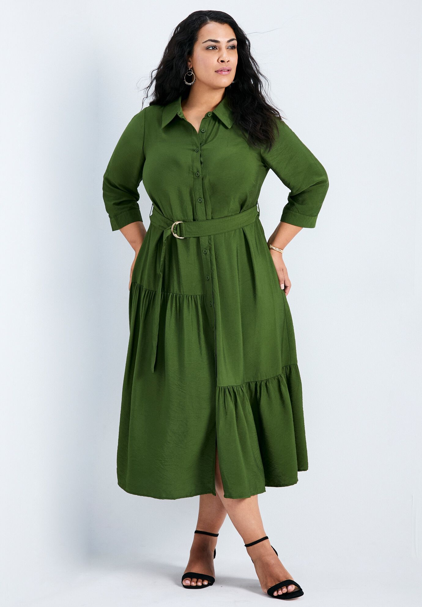 Flora Belted Shirtdress, OLIVE GREEN, hi-res image number 0