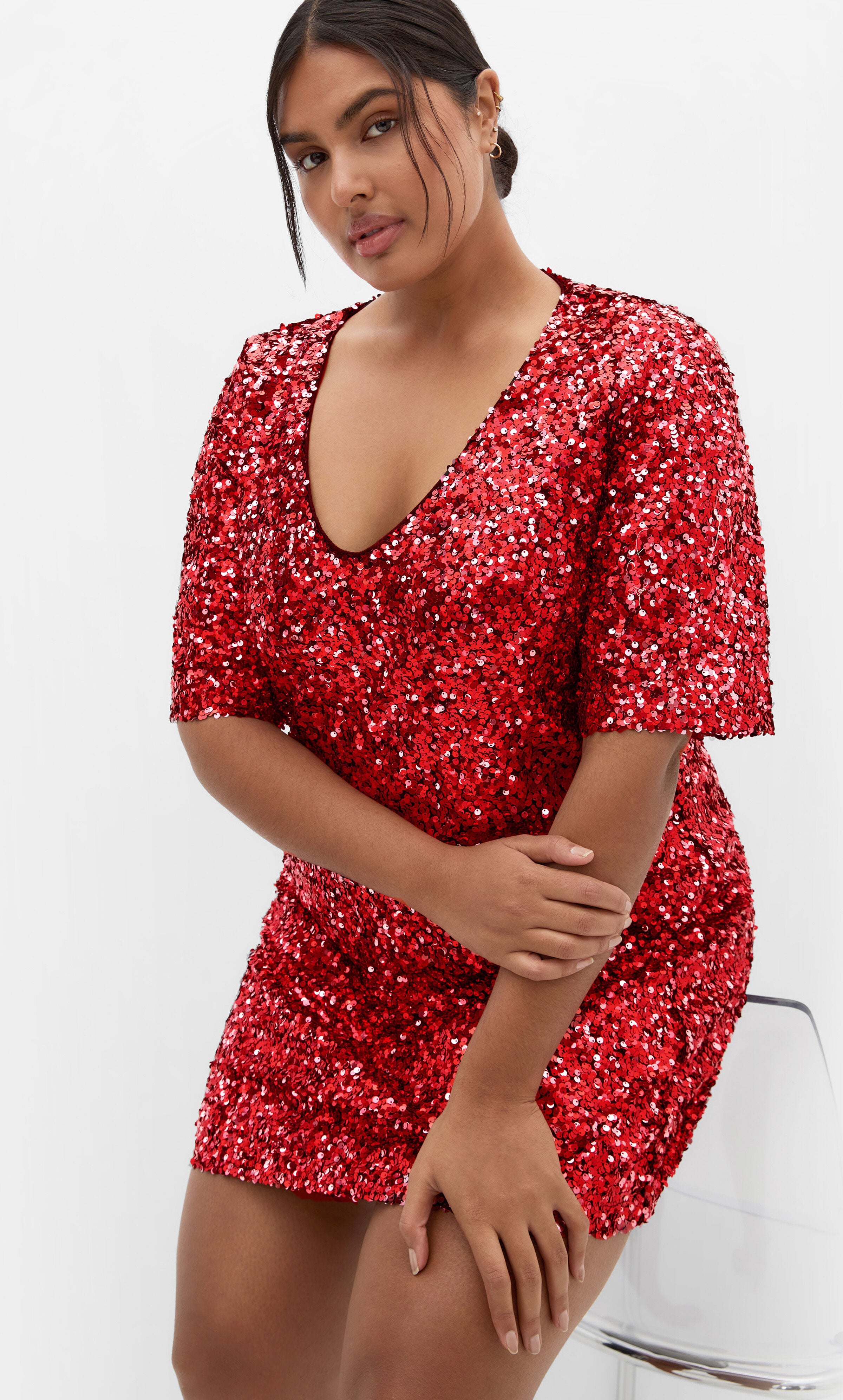 Sequin V Neck Glam Dress - crimson, RED, alternate image number 2