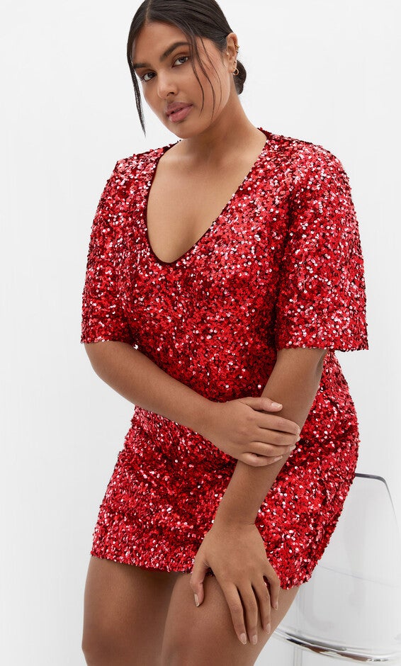 Sequin V Neck Glam Dress - crimson, RED, alternate image number 2