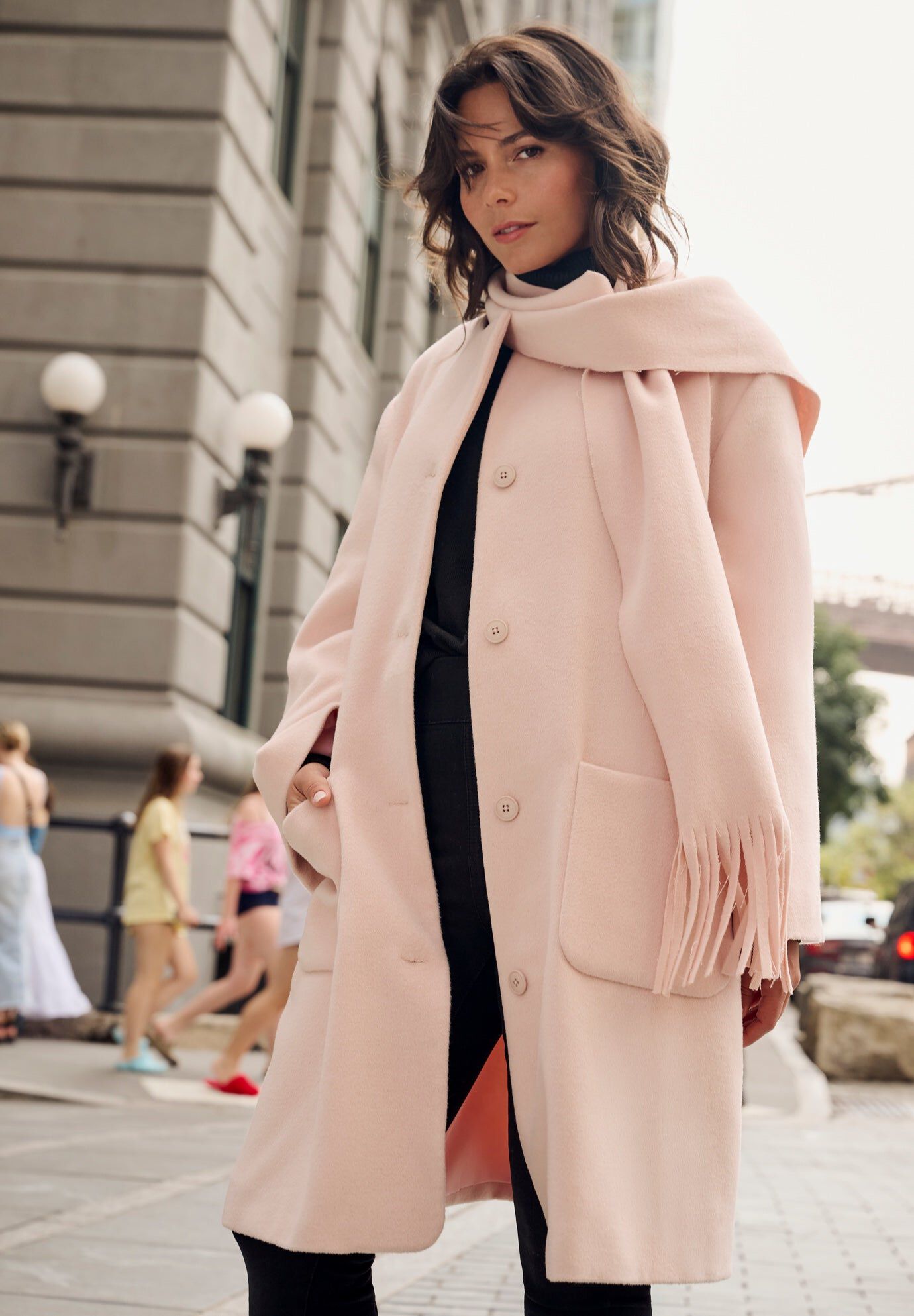 Detachable Fringe Scarf Coat, POWDER BLUSH, hi-res image number 0