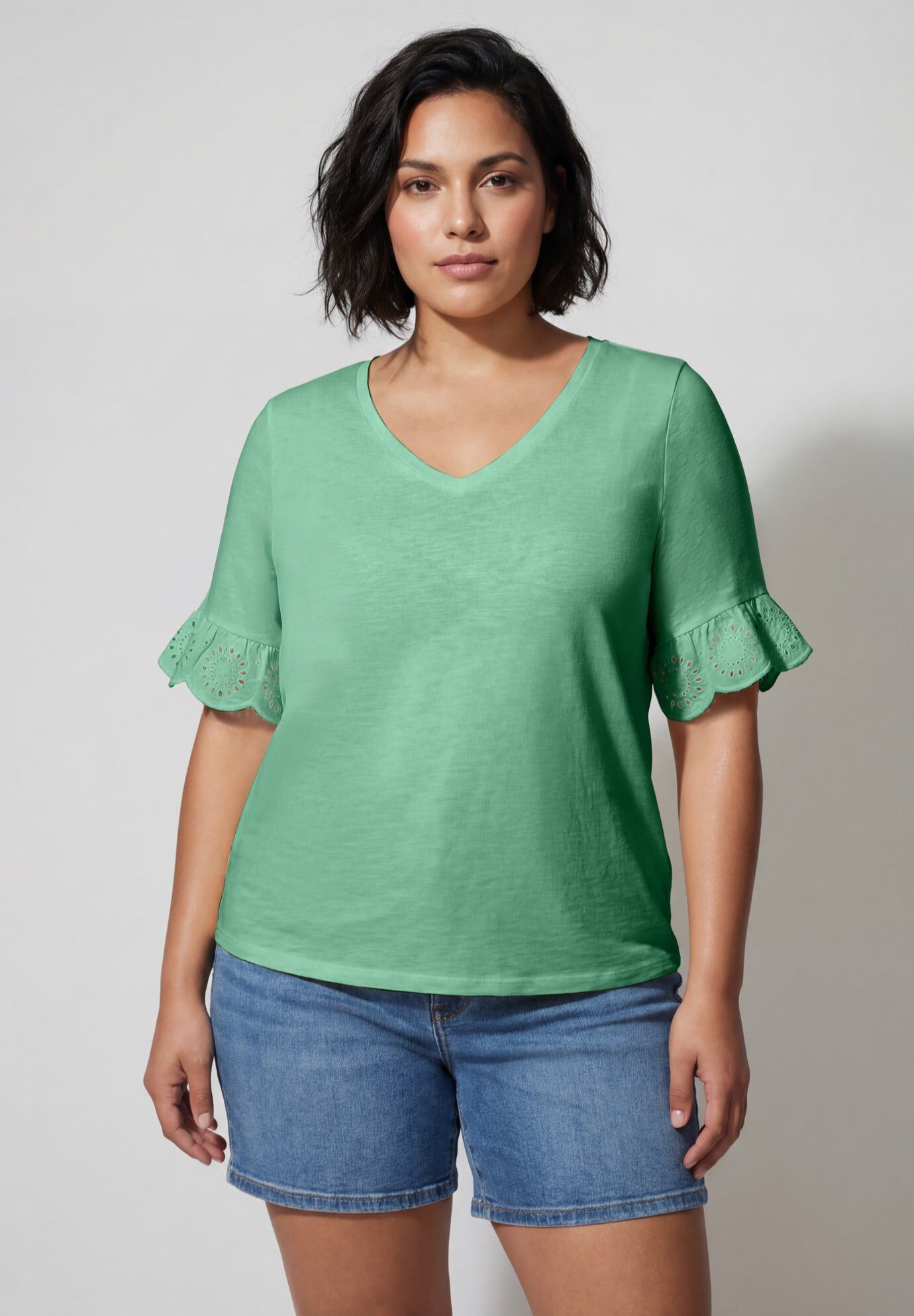 Eyelet Trim Top, SPA GREEN, hi-res image number 0
