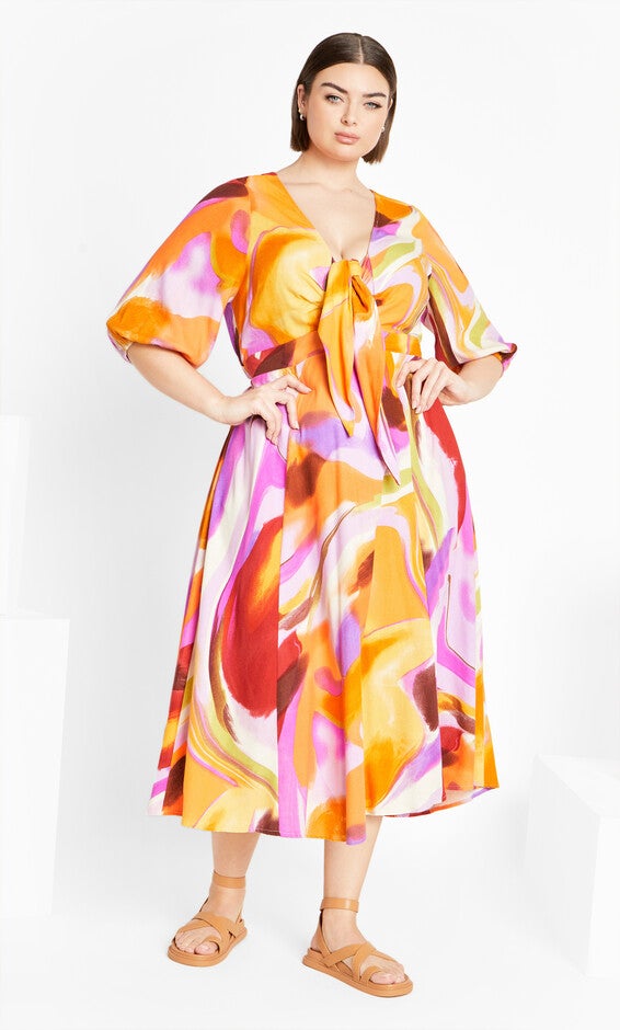 Swirl Tie Print Dress - yellow, PURPLE, alternate image number null