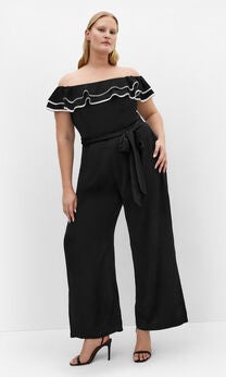 Demure Off Shoulder Frill Jumpsuit - black