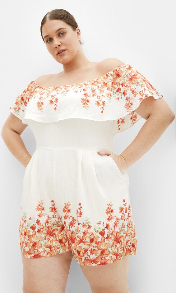 Poppy Print Playsuit - ivory, ORANGE, hi-res image number 0