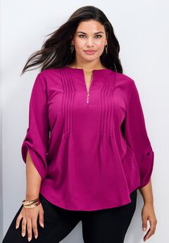 Hailey Zip Front Pintuck Blouse