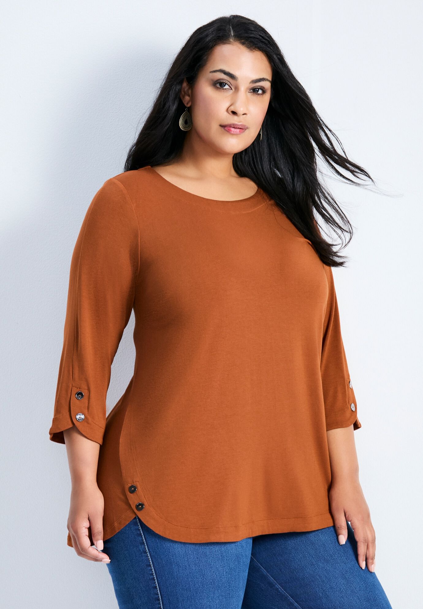 Sabrina Btn Dtl 3/4 Slv Top, HAZELNUT, alternate image number 2
