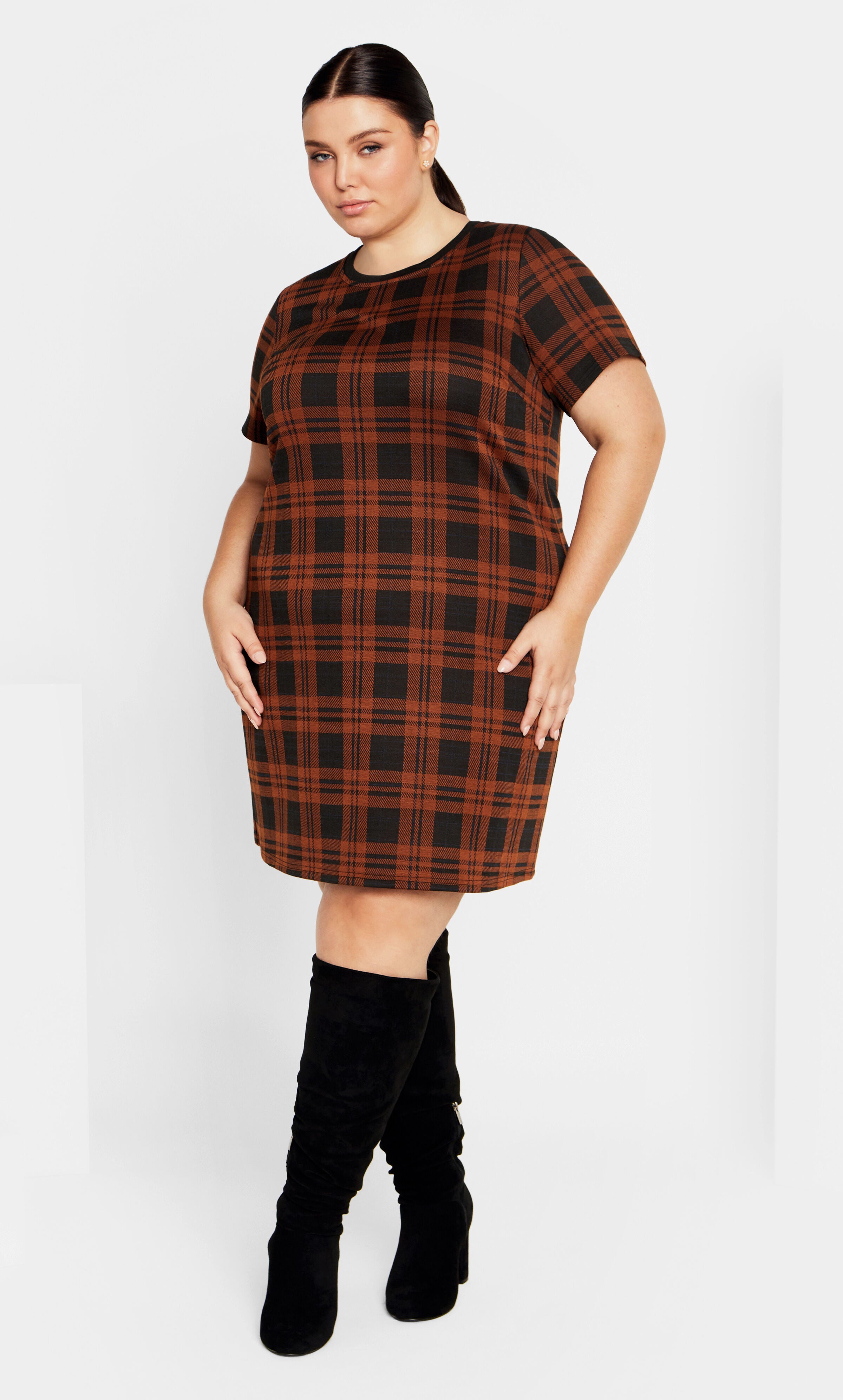 Check Love Shift Silhouette Mini Dress - caramel, BROWN, alternate image number 2