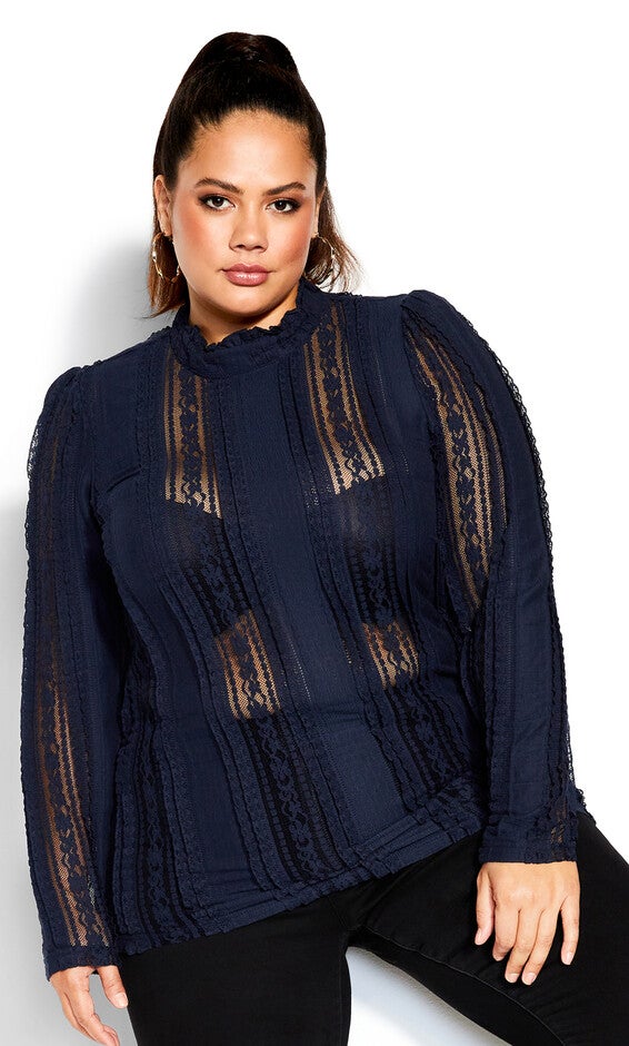 Paneled Lace Top - navy, BLUE, hi-res image number 0