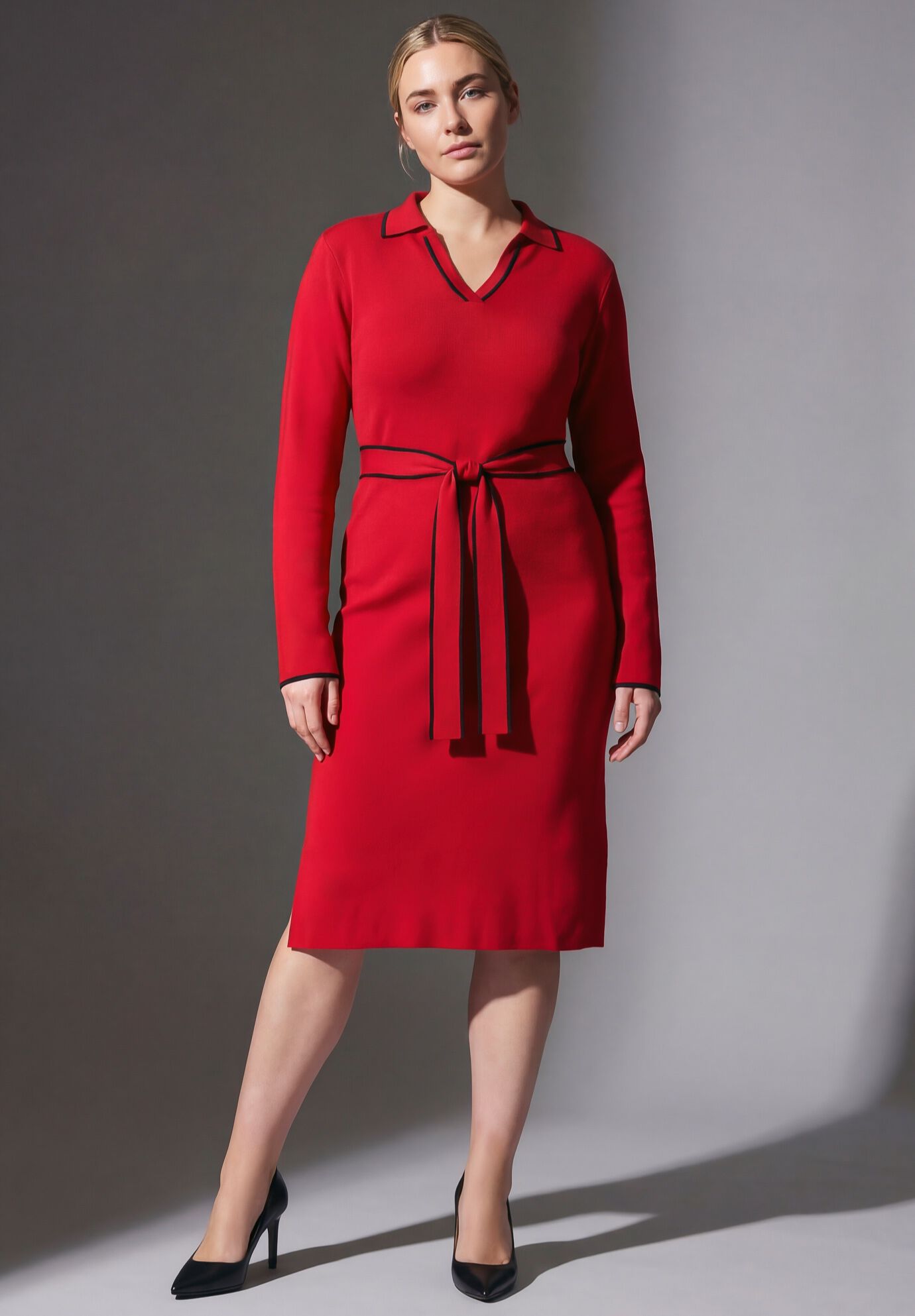 Tipped Collared Sweater Dress, VIBRANT RED, on-hover image number 1