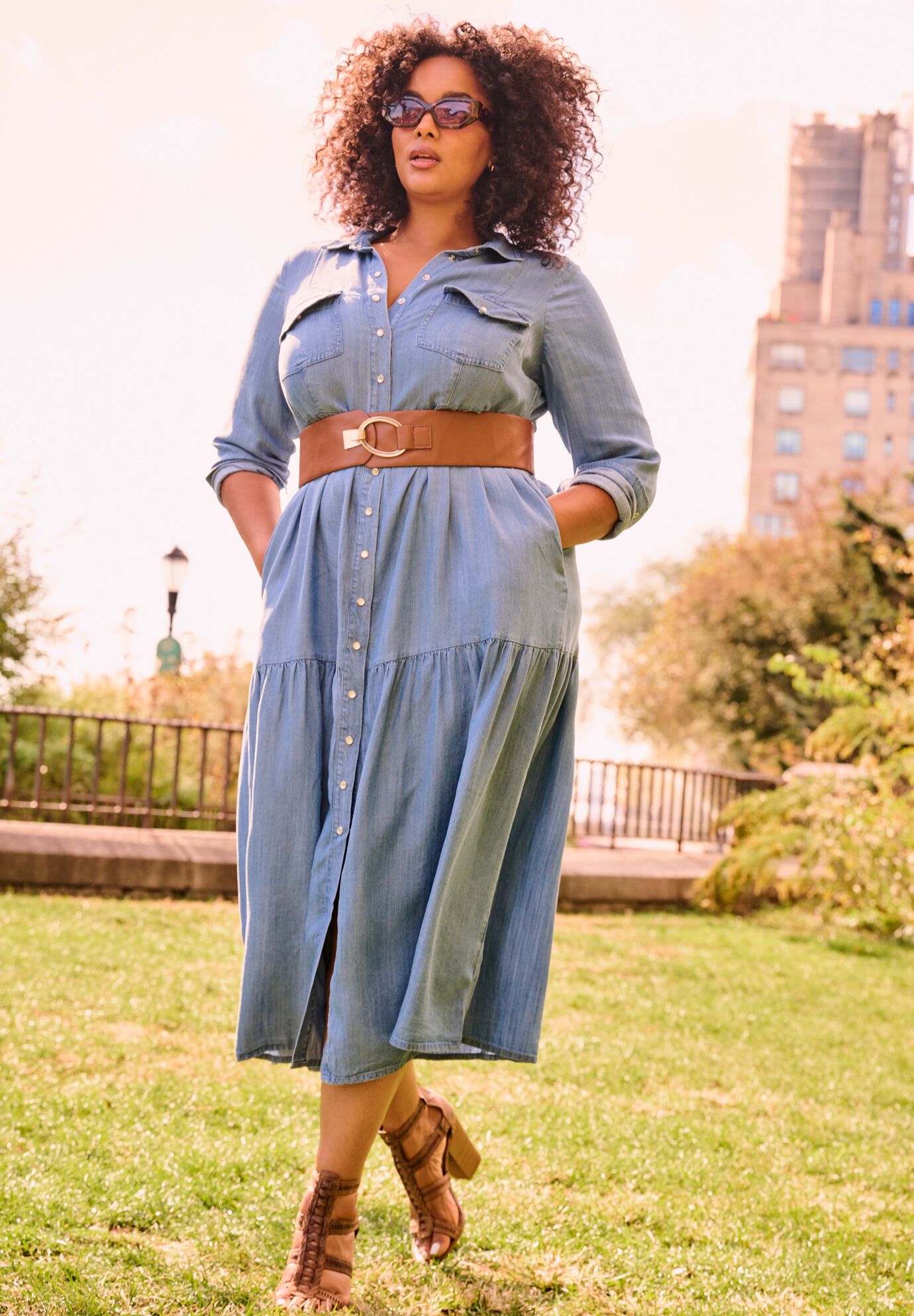 Denim Tiered Shirtdress, MID WASH, alternate image number 4