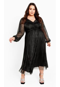 Pleated Plisse Blouson Sleeve Dress